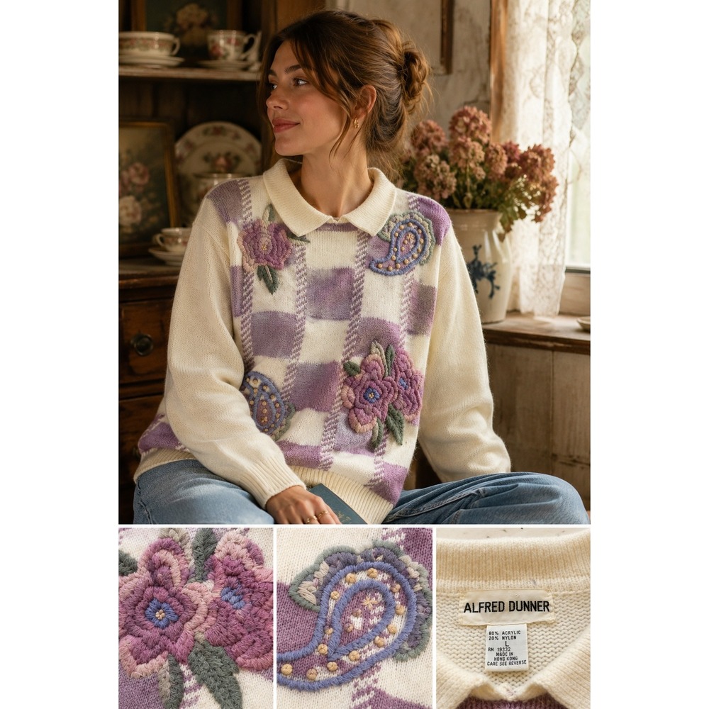 Alfred Dunner Vintage Floral Paisley Embroidered Checkered Polo Sweater Purple L